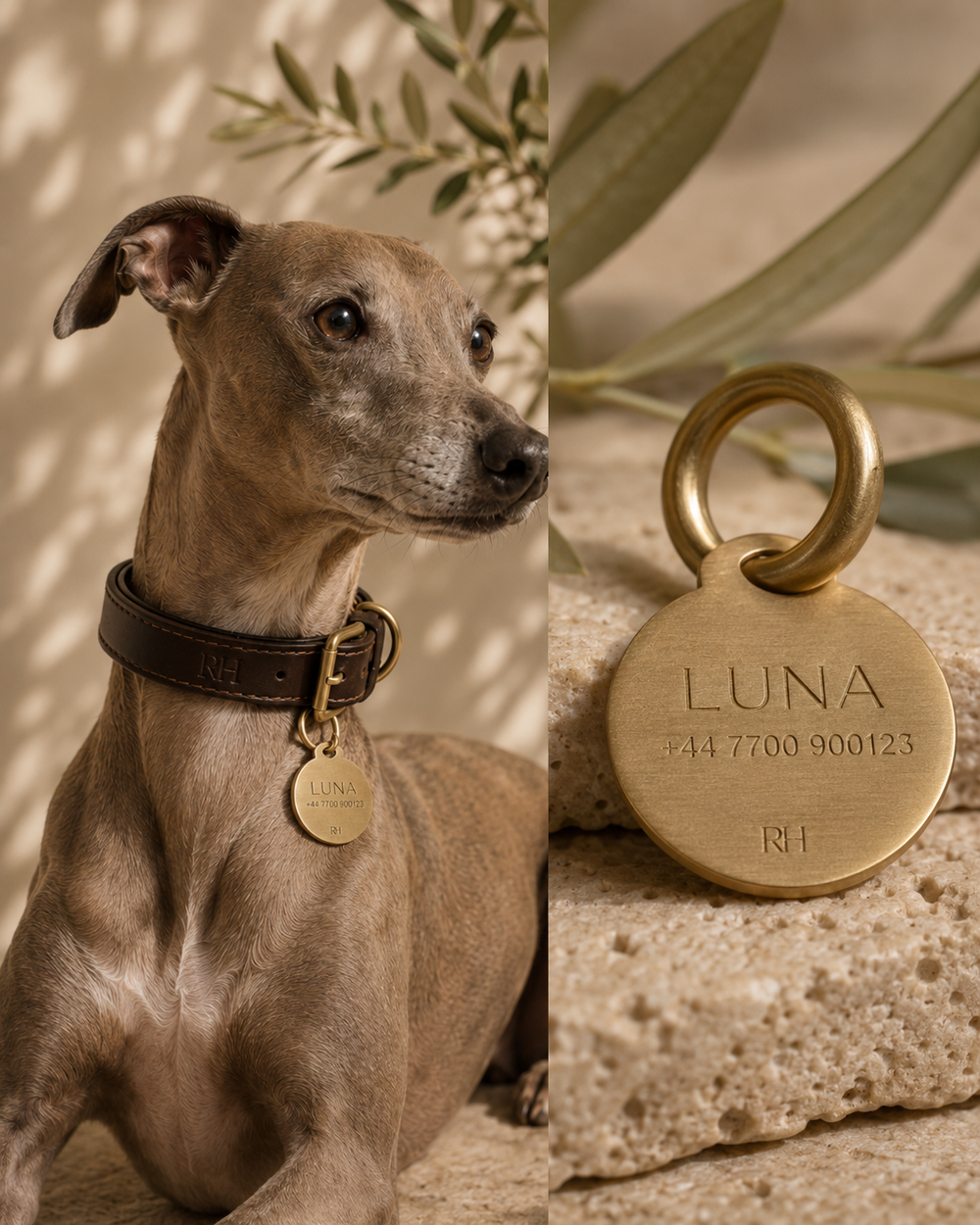 Richmond Hound personalised satin brass dog tag with engraved name details and discreet RH maker's mark
