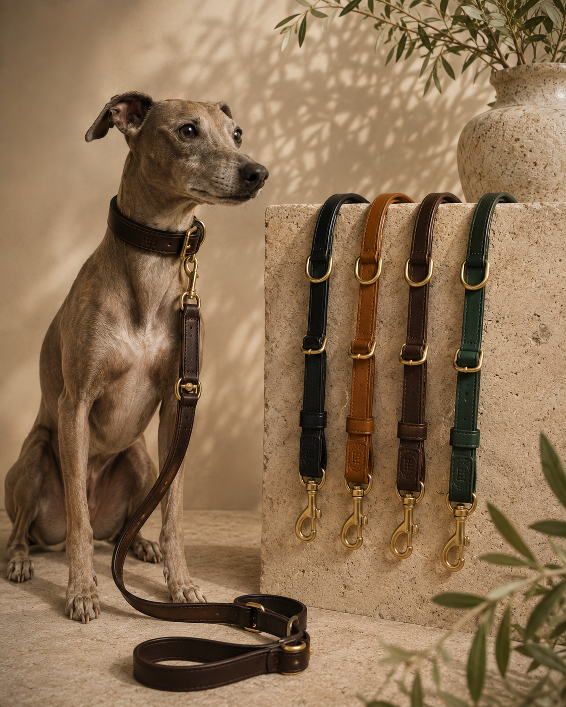 Richmond Hound Adjustable Leather Lead in full-grain leather with satin brass fittings and discreet RH embossing
