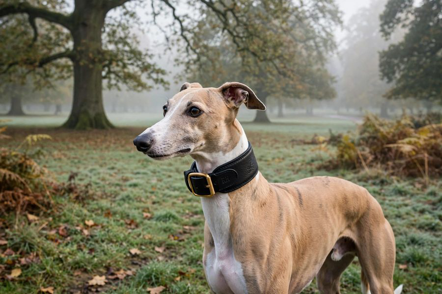 Whippet in Richmond Park mist wearing a Richmond Hound Classic Black leather collar, illustrating the sighthound fit direction