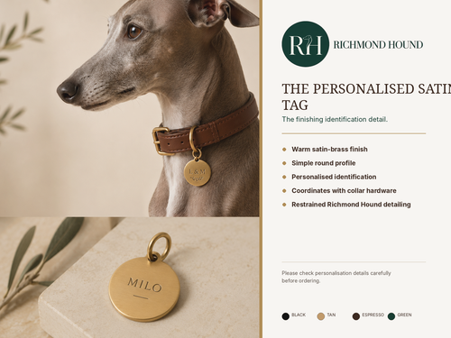 Richmond Hound Personalised Satin Brass Tag information card with verified finish, profile, personalisation and coordination details