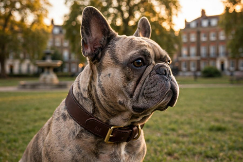 French Bulldog wearing a Richmond Hound Deep Chocolate leather collar on Richmond Green