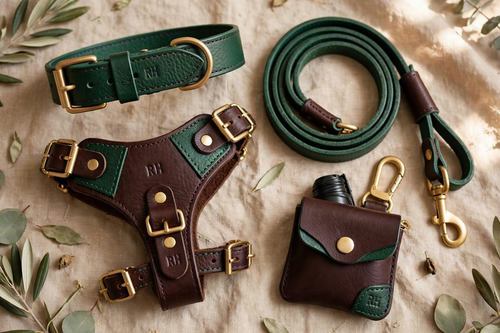 Richmond Hound Richmond Green and Deep Chocolate leather walking sets showing adjustable lead hardware and full-grain leather finishing