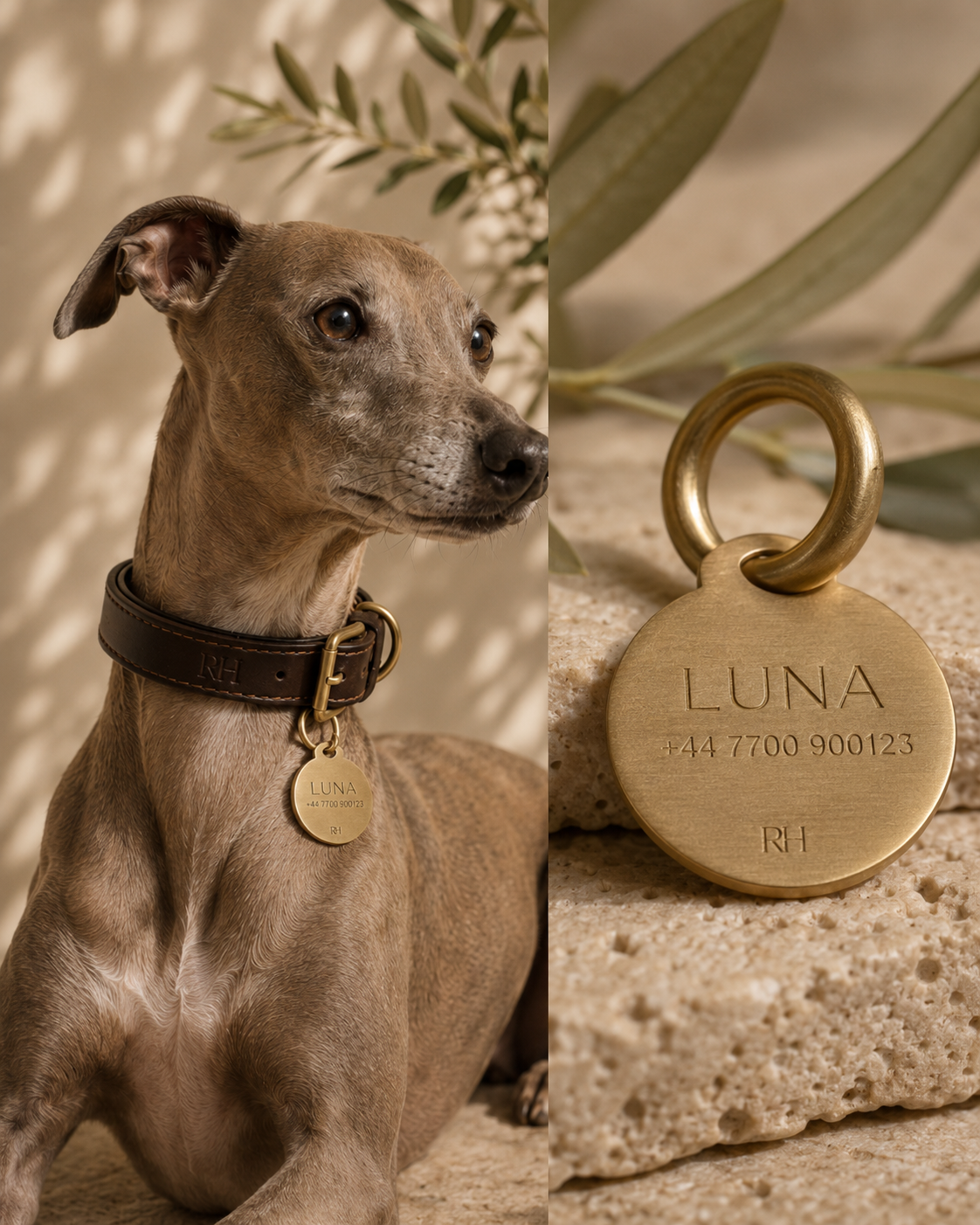 Richmond Hound personalised satin brass dog tag with engraved name details and discreet RH maker's mark
