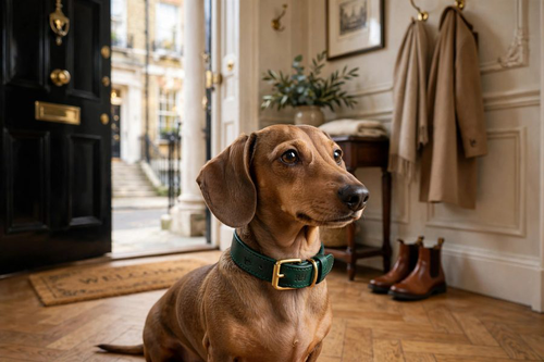 Dachshund wearing a Richmond Hound Richmond Green leather collar in a British townhouse setting