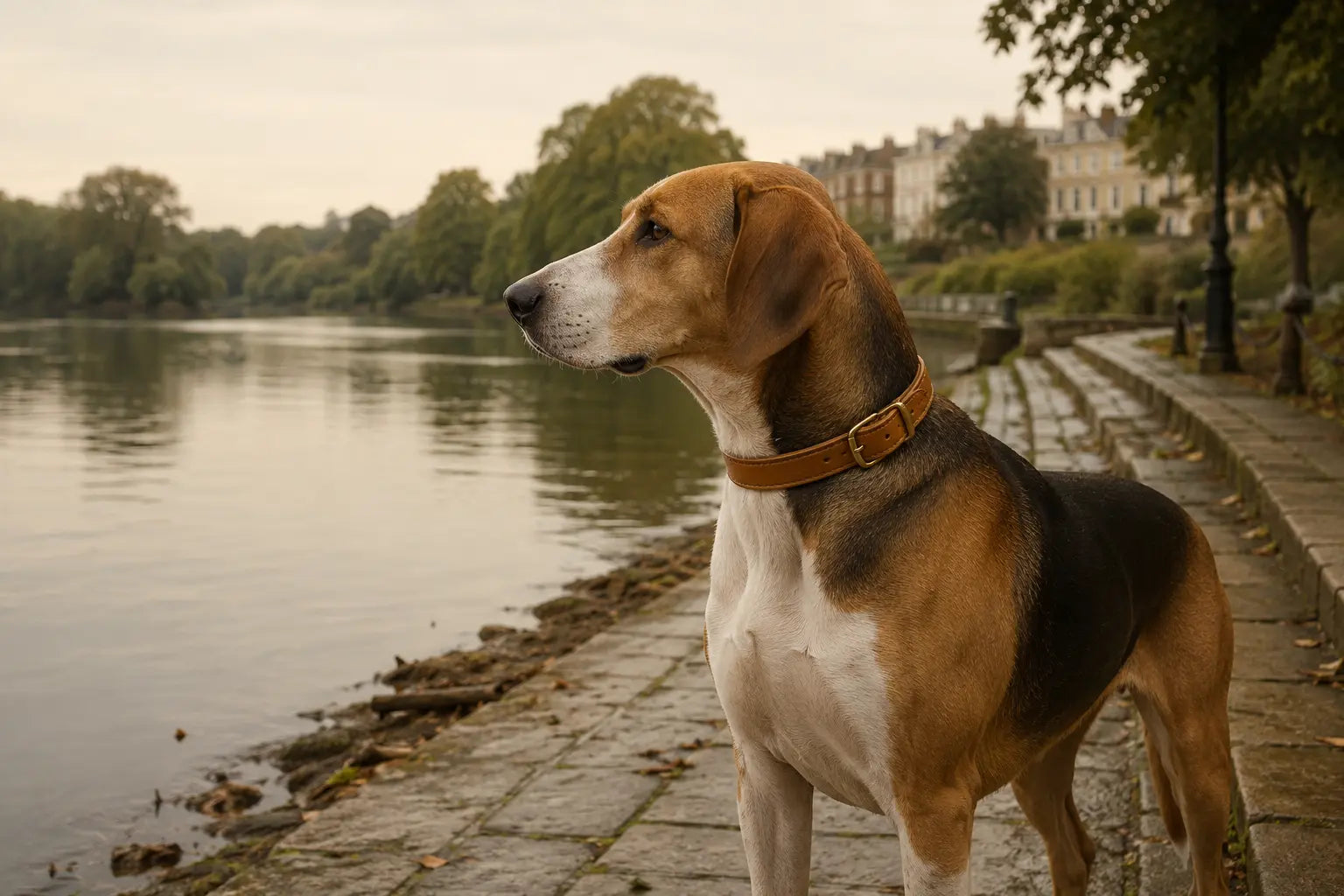 Hound wearing a leather collar beside the river in Richmond