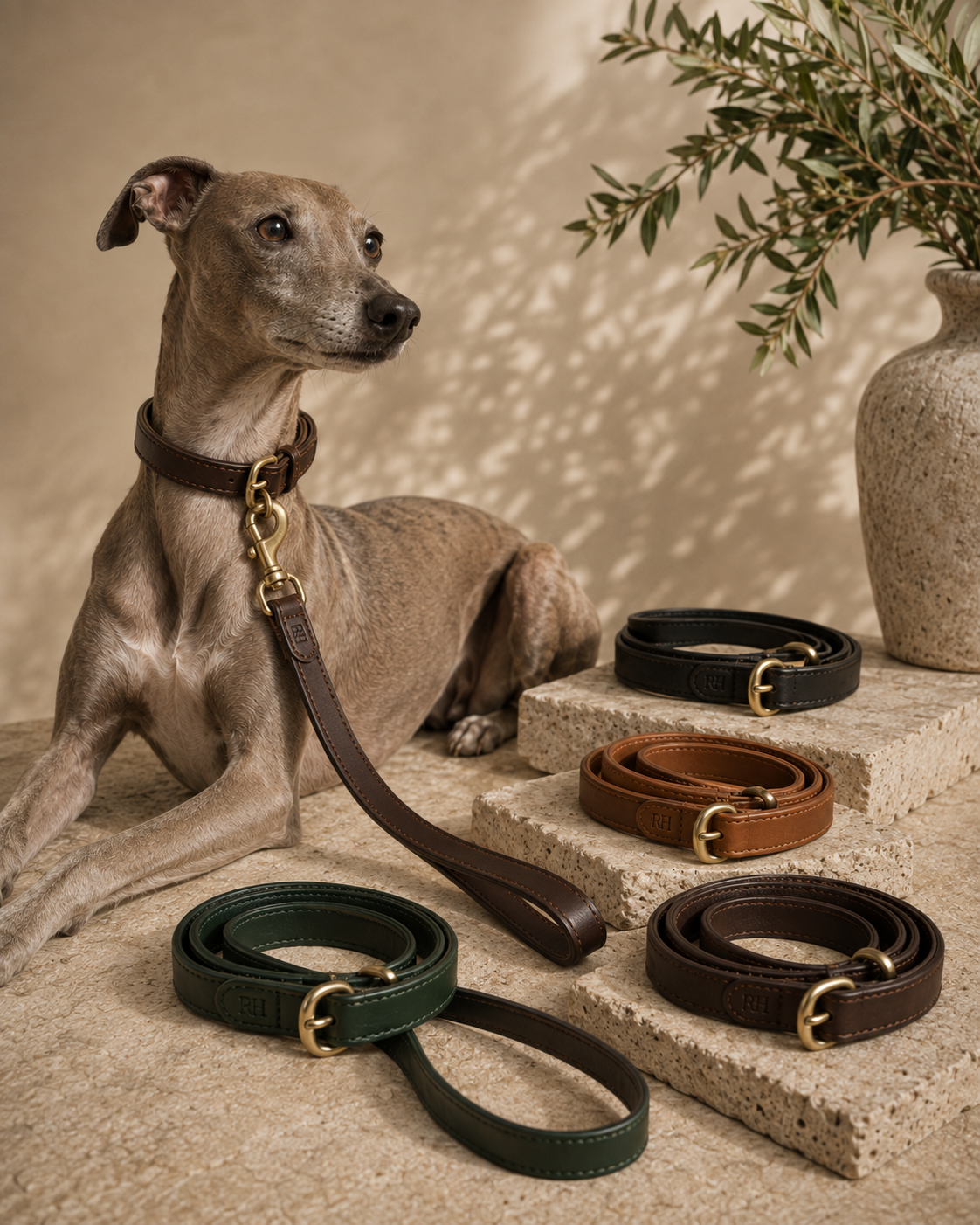 Richmond Hound Standard Leather Lead close-up showing full-grain leather, satin brass hardware and discreet RH embossing