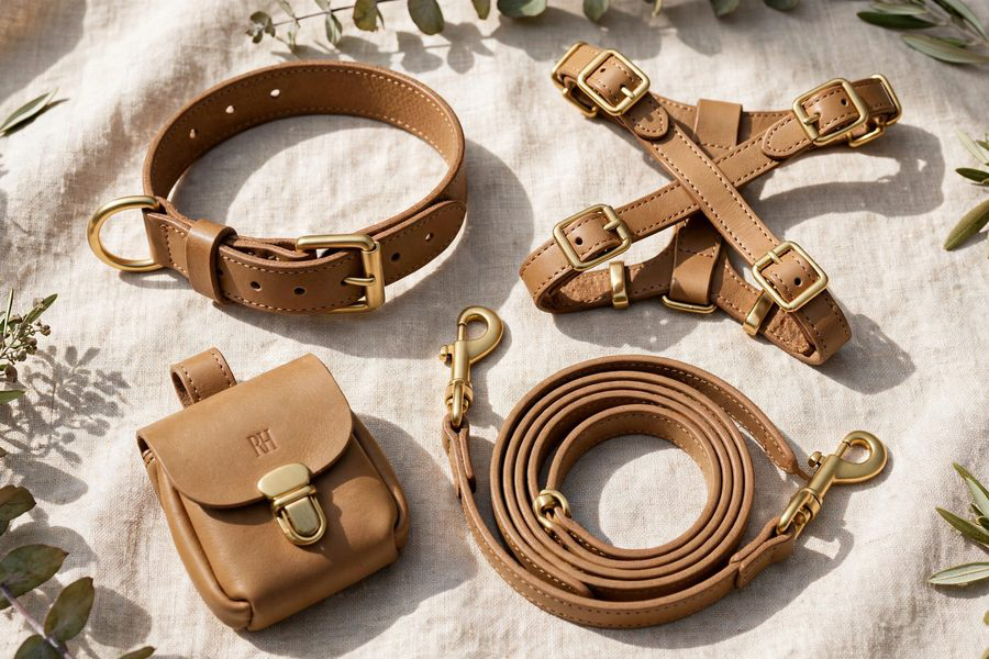 Richmond Hound Tan Camel full-grain leather walking set with matching waste bag holder and satin brass hardware