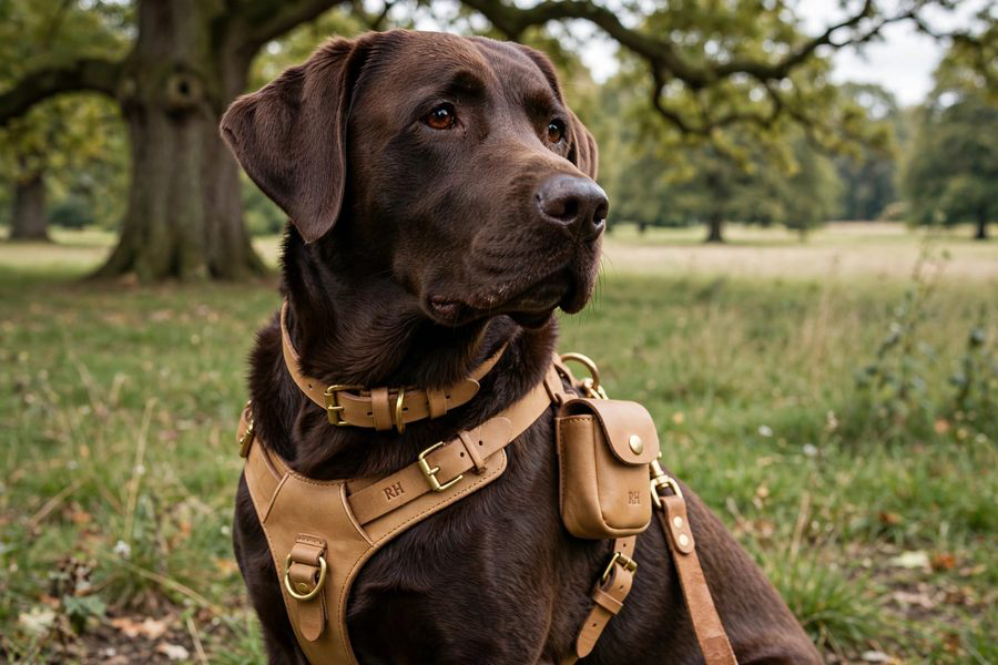 Labrador in Richmond Park wearing a coordinated Richmond Hound Tan Camel leather walking set